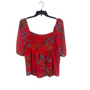 Calvin Klein Floral Blouse Women M Red Blue Smocked Peasant Sheer Boho Top
